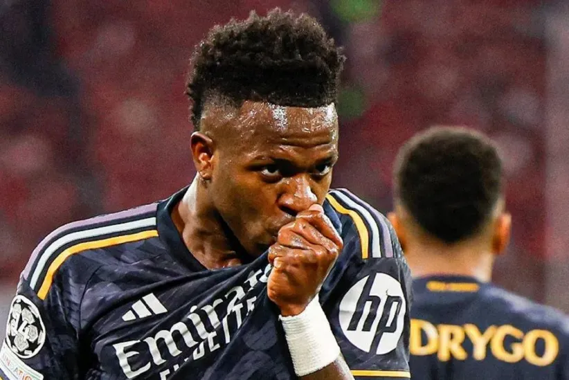 Vini Jr. abriu o placar para o Real Madrid contra o Bayern de Munique pelo jogo de ida da semifinal da Champions League Reprodução/Twitter Real Madrid