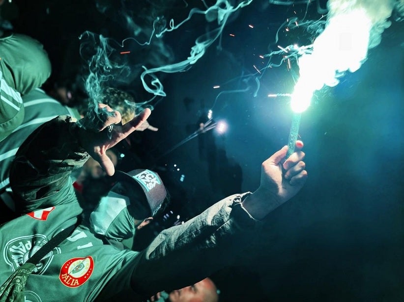 Torcedores do Palmeiras em ato contra Bolsonaro, em 2021. (Foto de Vinicius Baader/Meia Cancha FC)