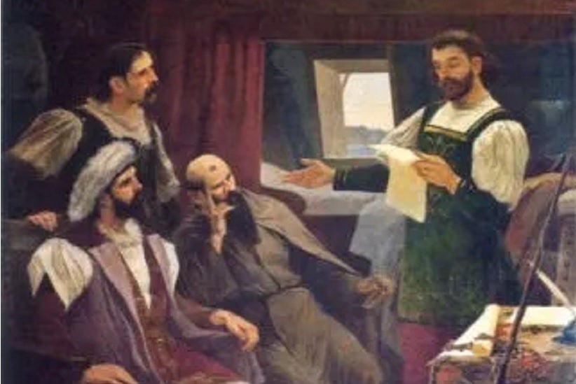 Pero Vaz de Caminha retratado lendo a carta para Cabral e outros tripulantes.